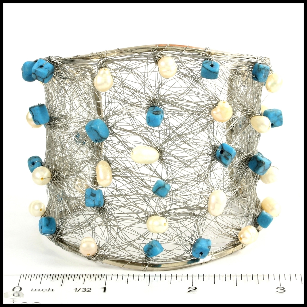 Nina Nguyen Wire Cuff Genuine Turquoise & Pearl. - Picture 3 of 10